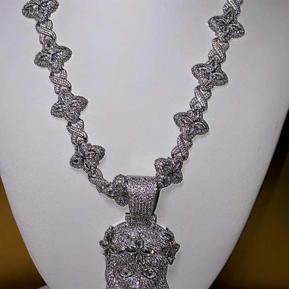 Silver Iced Jesus Clover Pendant Necklace – 20” Luxury Hip Hop Statement Chain